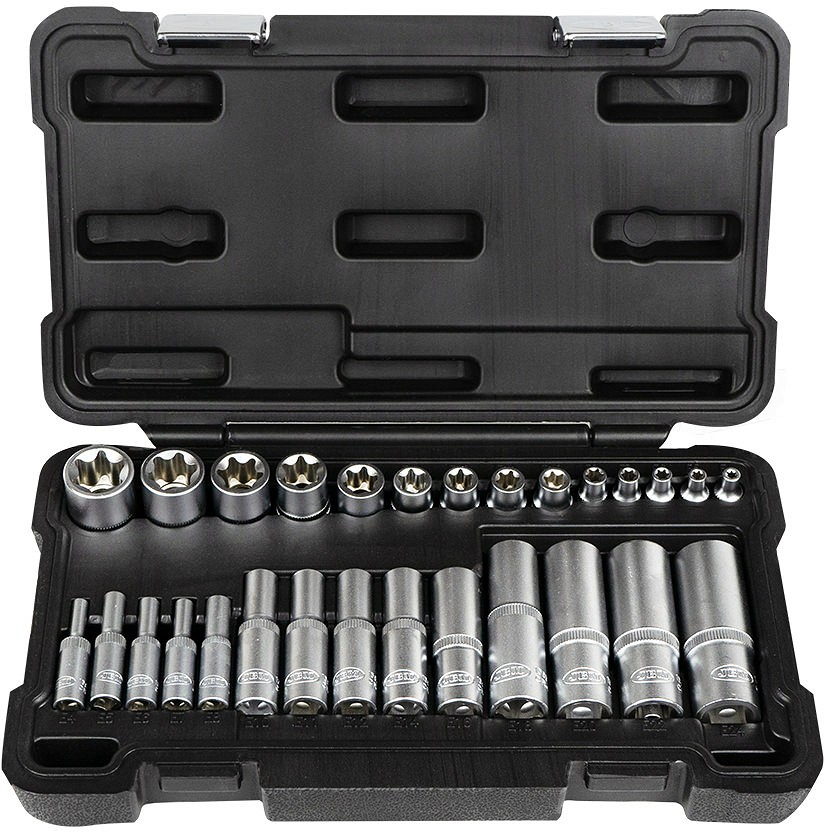 28-OS. 1/2"+3/8"+1/4" E-TORX PADRUNITE KOMPL. E4-E24 (PIKK/LÜHIKE) JBM
