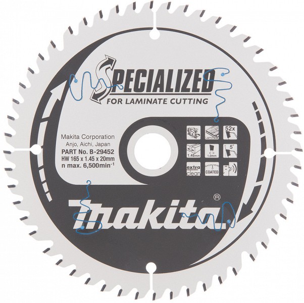 SAEKETAS 165X20X1.45MM 52T 10° LAMINAAT. EXTRA CLEAN CUT. VAIKNE. SPECIAL MAKITA